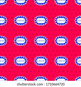 Blue Corona virus covid-19 icon isolated seamless pattern on red background. Bacteria and germs, cell cancer, microbe, fungi.  Vector Illustration