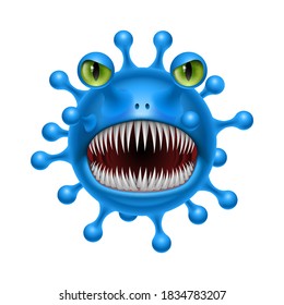 Blue Corona Virus Monster in Cartoon Style. A Tentacled Monster COVID-19 is a Dangerous Virus. The Character is an Evil Microbe of Blue Color with White Teeth, Tongue and GreenEyes