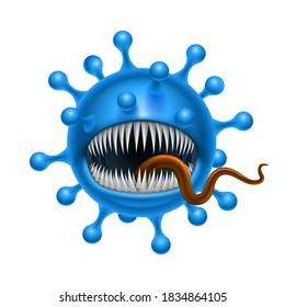 Blue Corona Virus Monster in Cartoon Style. A Tentacled Monster COVID-19 is a Dangerous Virus. The Character is an Evil Microbe of Blue Color with White Teeth and Tongue