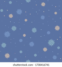 Blue coronavirus pandemic seamless pattern with virus cells. Disease germ, pathogen organism, infectious micro virology wallpaper. Blue background, virus prevention vector illustration. 