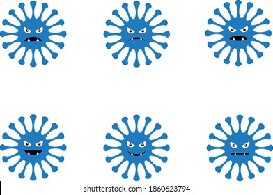 Caricatura vectorial del coronavirus azul ambientada con diferentes emociones aisladas en fondo azul.