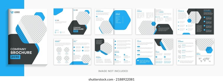 Blue Corporate 16 pages brochure design template with hexagon shape company profile vector