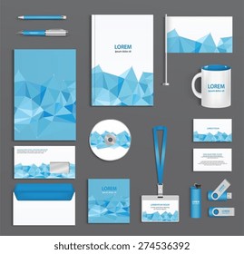 Blue corporate id template  with triangular faces, company style, abstract of design elements. Business documentation.