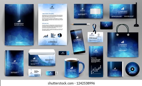 Blue corporate identity promotional set. Professional branding design template.  Business stationery mock-up. Folder, letter, cover, broshure, letterhead, coffee cup, business card, bag, badge