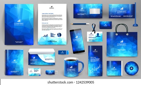 Blue corporate identity promotional set. Professional branding design template.  Business stationery mock-up. Folder, letter, cover, broshure, letterhead, coffee cup, business card, bag, badge