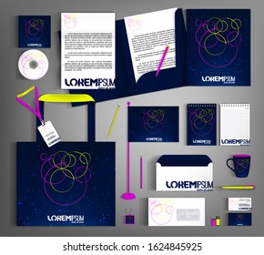 Blue corporate identity with space motifs and round elements. Business template design, stationery set. Vector illustration