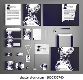 Blue corporate identity template with abstract white paint stain element. Business set of stationery