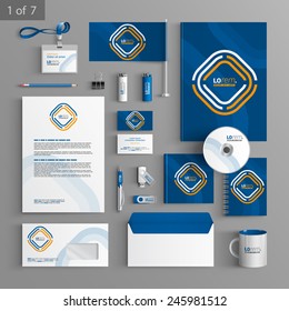 Blue corporate identity template design with white and yellow geometric elements. Business stationery