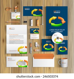 Blue corporate identity template design with color arrows. Business stationery