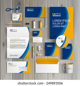 Blue corporate identity template design with yellow wave. Business stationery