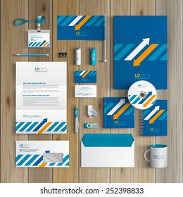 Blue corporate identity template design with white and orange arrows. Business stationery