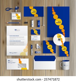 Blue corporate identity template design with yellow round elements. Business stationery