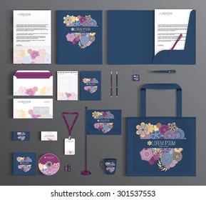 Blue corporate identity template design with floral pattern. Business set stationery.