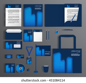Blue corporate identity template design with elements of skyscrapers. Business set stationery, brochure, card, letterhead, catalog, pennants. Suitable for brand advertising
