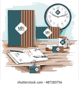 Blue corporate identity template design with vertical orange lines. Business stationery sketch in a drawing style