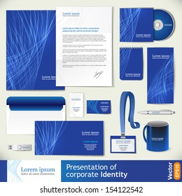 Blue corporate identity template with line elements.