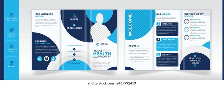 Blue corporate medical trifold brochure design template