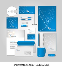 Blue corporate style -  business cards, a disk, a flag, the handle, a flash card, the form,  an envelope, a mug, a notebook, a pencil. Vector.