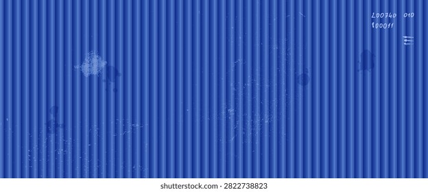 Blue corrugated texture forms a fluted metal container wall. Dark ribbed grooves carry scattered scratches and dirty grunge marks. Wide vector corrugated texture for web banner or presentation design