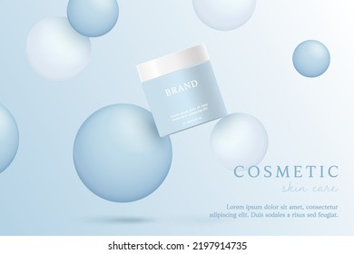 Blue cosmetic 3d background with drop of liquid bubble floating.