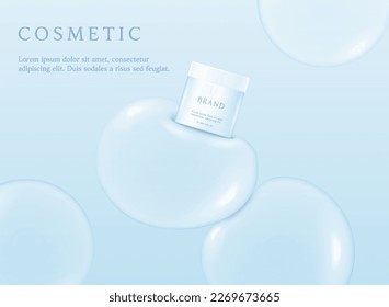 Blue cosmetic 3d background with drop of liquid bubble floating.