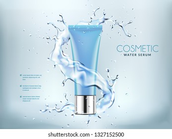 Blue cosmetic bottles with water splashing background, ready for your design, vector illustration.