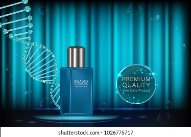 Blue cosmetic container with advertising background ready to use, luxury skin care ad. vector 3d illustration.
