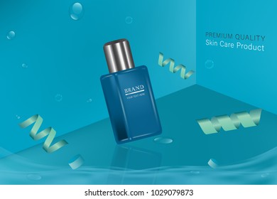 Blue cosmetic container with advertising background ready to use, luxury skin care ad. vector 3d illustration.