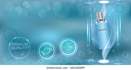 Blue cosmetic container with advertising background ready to use, technology concept skin care ad. illustration vector.
