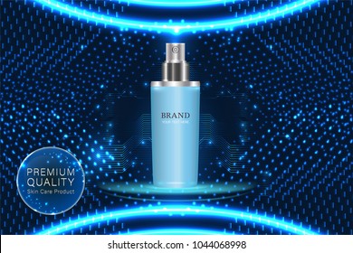 Blue Cosmetic container with advertising background ready to use, luxury skin care ad. vector illustration.