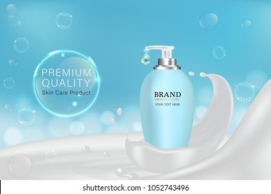 Blue Cosmetic Container With Advertising Background Ready To Use, Milky Serum Skin Care Ad, Vector Illustration.