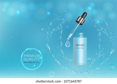 Blue cosmetic container with advertising background ready to use, liquid splash skin care ad, vector 3d illustration.