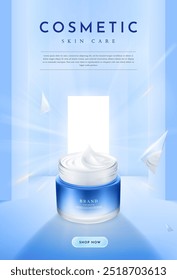 Jar de creme cosmético azul para cuidados com a pele com fragmentos de vidro Modelo de cartaz, Ilustração de vetor