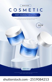 Blue Cosmetic Cream Jars for Skin Care on Podium Background Poster Template, Vector Illustration