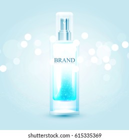 Blue Cosmetic Perfume and Lotion Bottle. Packaging Template. Shining Transparent Beauty Promotion. Vector illustration.