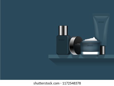 Blue cosmetic set on small floating shelf