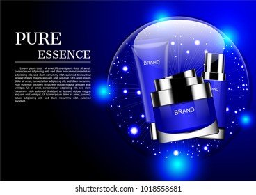 Blue cosmetic set in shining bubble with small bright lights