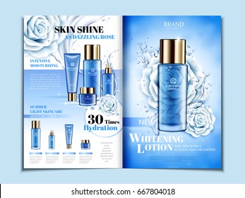 blue cosmetic themed bi fold brochure design with roses, can also be used on catalogs or magazines, 3d illustration