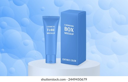 Blue cosmetic tube and box on a podium. Realistic mockup. Ointment or salve. Gel serum. Korean packaging. Blank cardboard package