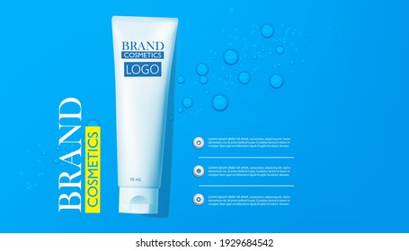 Blue cosmetic tube on blue background.Drop weter. Blank plastic container, mock up packaging design.luxury skin care ad, illustration vector.