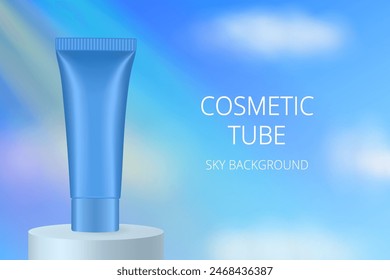 Blue cosmetic tube on a podium. Realistic mockup. Ointment or salve. Gel serum. Korean packaging. Sky, clouds, rays of light and rainbow