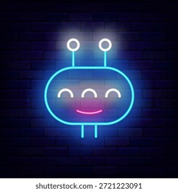 Blaues kosmisches Alien-Neon-Symbol. Astronomie-UFO. Kinderetikett an Ziegelwand. Kosmonauten-Symbol. Universumswissenschaft. Bearbeitbarer Strich. Vektorgrafik