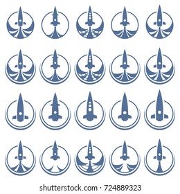 Blue cosmic rocket silhouette. Rocket flight icon.