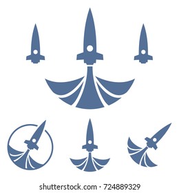 Blue cosmic rocket silhouette. Rocket flight icon.