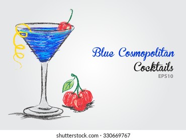 Blue Cosmopolitan cocktail with cherry vector illustration