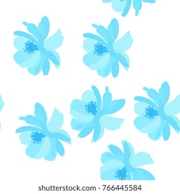 Blue cosmos flowers seamless pattern in vector. Print for fabric, wallpaper.