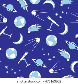 Blue cosmos seamless pattern with astronomy objects - vector illustration