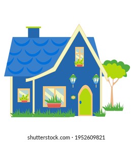 Blue Cottage and tree Small country house flat icon vector illustration on white background