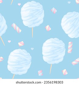 Blue cotton candy and marshmallows seamless pattern. Background with sweets. Vector cartoon illustration.