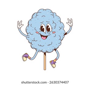 Blue cotton candy or sweet snack groovy funny character. Sugar cotton candy cute funky vector mascot. Fair or amusement park sweet dessert isolated funky groovy personage or hippie cheerful character